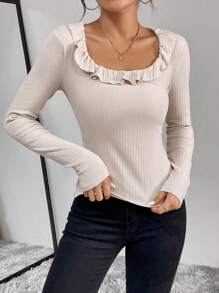 SHEIN Privé Ruffle Trim Ribbed Knit Tee - Khaki - View 3