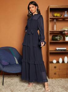 SHEIN VCAY Ruffle Trim Belted Ruffle Hem Dress - Navy Blue - View 4