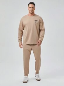 GENTILAND Men Plus Slogan Graphic Sweatshirt & Sweatpants - Khaki - View 3