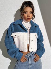 SHEIN Unity Hai âm Thả vai Mùa vụ Áo Teddy Jackets - Màu xanh lam - Xem 6