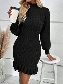 SHEIN Clasi Cable Knit Mock Neck Ruffle Hem Sweater Dress Fall Cloth For Women - Black - View 6