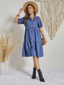 SHEIN LUNE 翻蓋口袋荷葉邊牛仔洋裝 - 深色水洗藍 - 查看 6