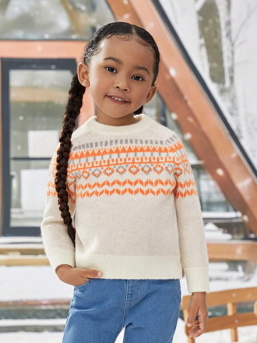 年輕女孩地理圖案插肩袖毛衣 - 橘色 - 查看 1