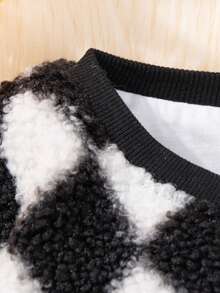 SHEIN Young Girl Embroidery Cartoon Pattern Teddy Sweatshirt & Skirt - Black and White - View 3