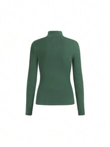 SHEIN BASICS Chất rắn Cổ giả Áo thun - Màu xanh lá cây đậm - Xem 2