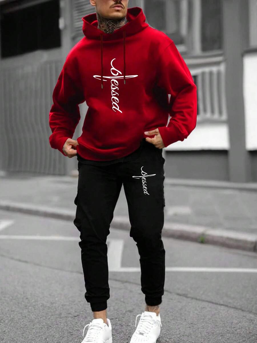 Manfinity LEGND Hombres Pantalones deportivos con capucha con estampado de letra con cordón - Rojo - Ver 1