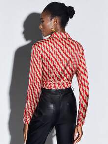 BizChic Allover Print Knot Side Wrap Blouse - Red - View 4