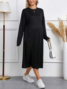 SHEIN Maternity Solid Drop Shoulder Split Thigh Dress - Black - View 5