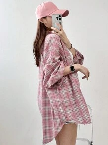 DAZY Plaid Print Drop Shoulder Shirt,Long Sleeve Tops,Back To School Clothes,Flannels Women - Pink - View 2