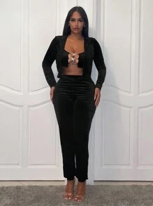 Slaydiva Solid Crop Velvet Top & Pants Set - Black - View 5