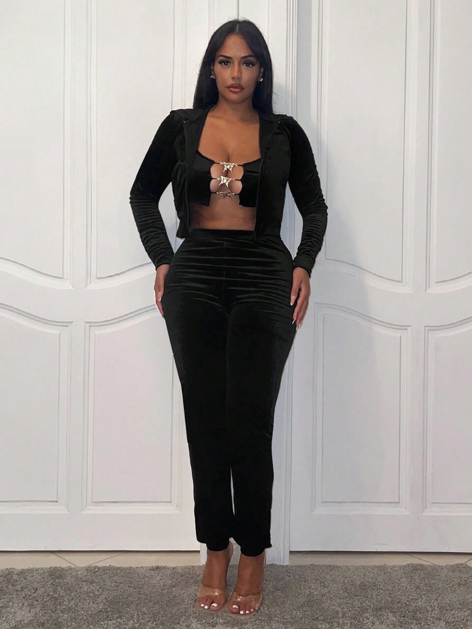Solid Crop Velvet Top & Pants Set
