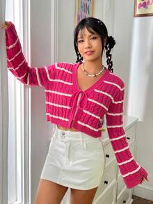 SHEIN EZwear 條紋圖案前繫帶短款開衫 - 玫紅色 - 查看 4