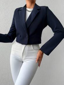 EURMUSE Solid Color Long Sleeve Two-Button Short Casual Suit Jacket - Navy Blue - View 3