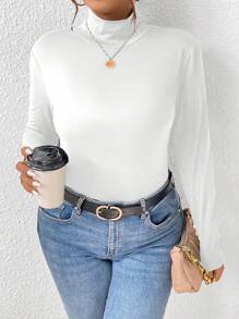 EMERY ROSE 2pcs/Set Casual & Simple Monochrome Plus Size Turtleneck T-Shirts, Spring & ,Summer Fall - Black and White - View 6