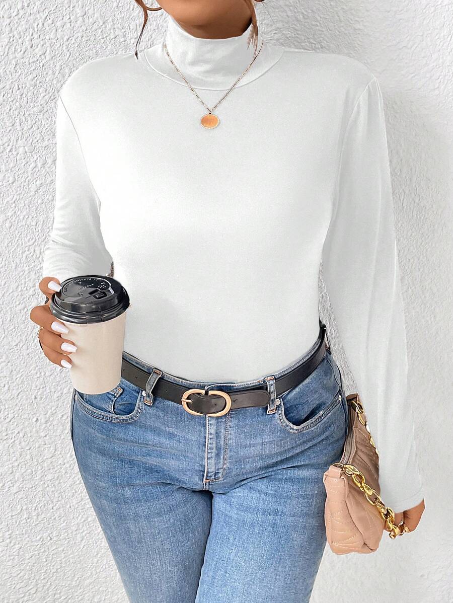 SHEIN Frenchy Camiseta de punto de cuello alto liso de talla grande - Blanco - Ver 1