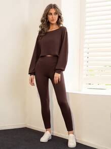 SHEIN Essnce de hombros caídos tejido de canalé Camiseta crop & Leggings - Café integral - Ver 3