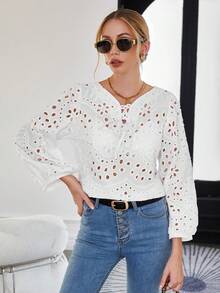 SHEIN Frenchy 網眼刺繡貝殼邊燈籠袖貝殼邊襯衫 - 白色 - 查看 4