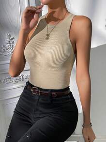 SHEIN Privé Solid Ribbed Knit Crop Knit Top - Apricot - View 5