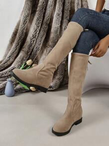 Women's Khaki Fashionable Slip-on Mid-calf Boots With Low Heels, Round Toe And Back Lace-up Design - Khaki - View 4