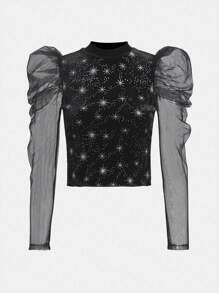 Thiếu niên cô gái In Ngân hà Lưới tương phản Tay áo Nhung Áo thun Đối với Giáng sinh - màu đen - Xem 1