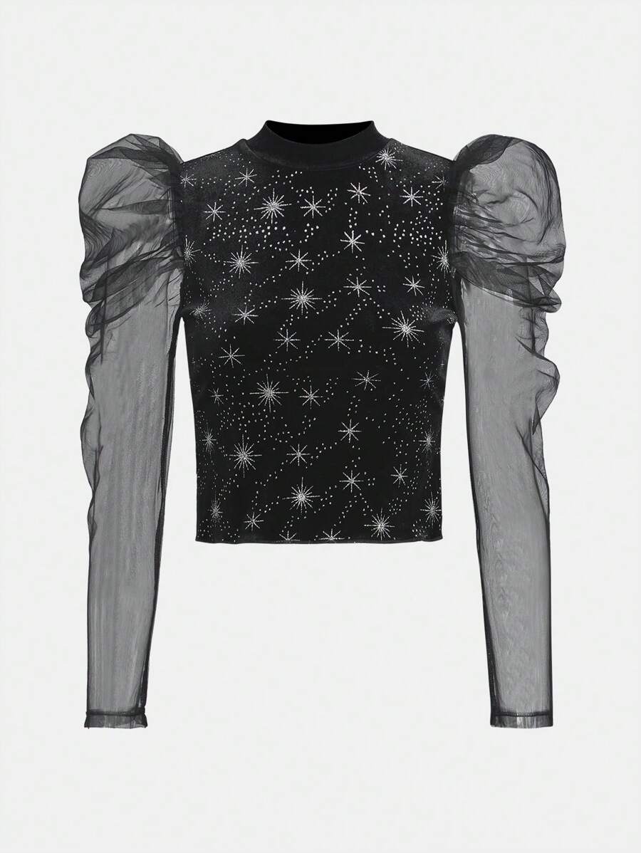 Thiếu niên cô gái In Ngân hà Lưới tương phản Tay áo Nhung Áo thun Đối với Giáng sinh - màu đen - Xem 1