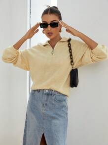 SHEIN Essnce Half Zip Drop Shoulder Teddy Sweatshirt - Khaki - View 5