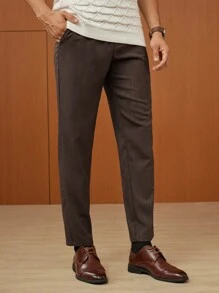 GENTILAND 男士素色腰部抽繩長褲 - 棕色 - 查看 4