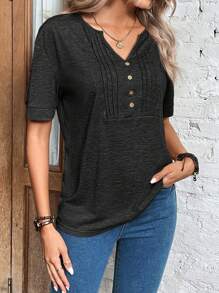 SHEIN LUNE Nhấn vào nếp gấp Chi tiết Đường viền cổ có rãnh Áo thun - màu đen - Xem 4