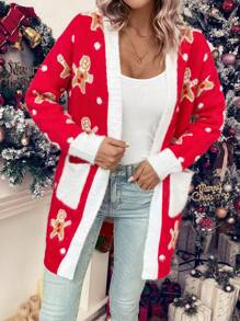 SHEIN LUNE Christmas Bear Pattern Dual Pocket Contrast Trim Dual Pocket Cardigan For New Year Clothes - Red - View 5