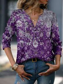 All Over Print Button Detail Notched Neck Tee - Purple - View 3