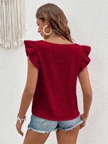 SHEIN VCAY Summer Beach Olid Pleated Fabric Square Neck Ruffle Trim Red Blouse - Burgundy - View 2