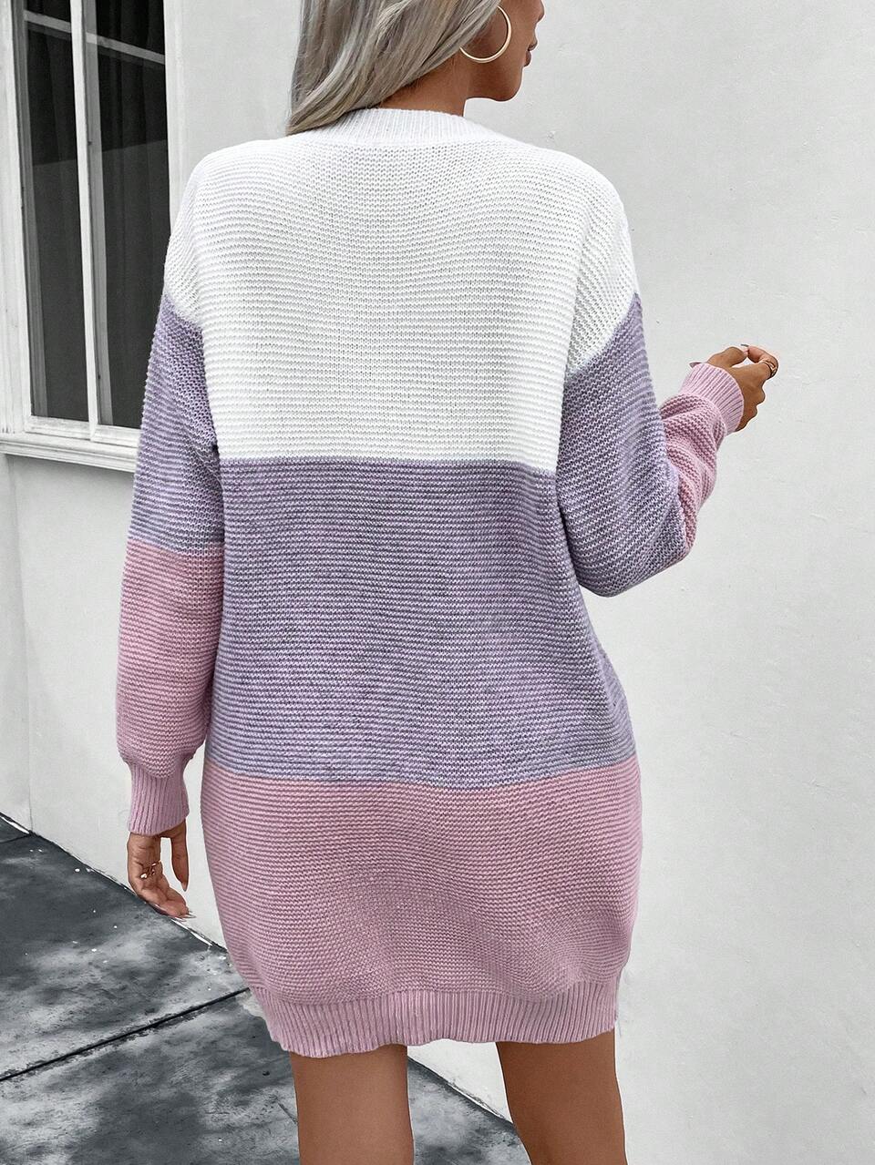 Color Block Drop Shoulder Sweater Dress Fall Winter Cloth For Women