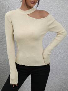 Chiquease 镂空不对称领口罗纹针织套头衫秋冬毛衣 - 杏色 - 查看 6