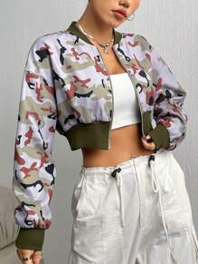 SHEIN Unity Camo Print Drop Shoulder Crop Bomber Jacket - Multicolor - View 3