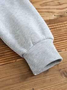 INAWLY 太空和標語圖案袋鼠口袋抽繩加絨內裏連帽衫 - 灰色 - 查看 4