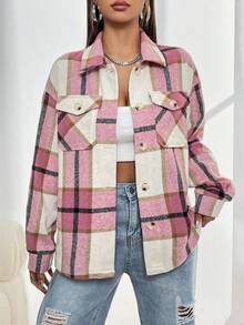 SHEIN Unity 格紋印花翻蓋口袋落肩袖襯衫 - 粉色 - 查看 4