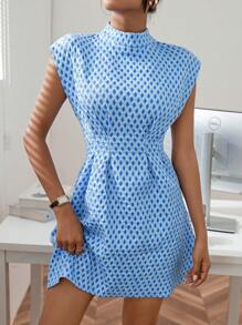 SHEIN Privé 小高領拼接細節連衣裙 - 藍色 - 查看 5