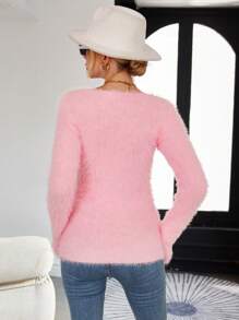 SHEIN Privé 鏈條細節前鏤空絨毛針織套頭毛衣 - 粉色 - 查看 2