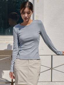 DAZY Áo thun dệt kim gân trơn tay dài cho nữ - Màu xanh nhạt - Xem 1