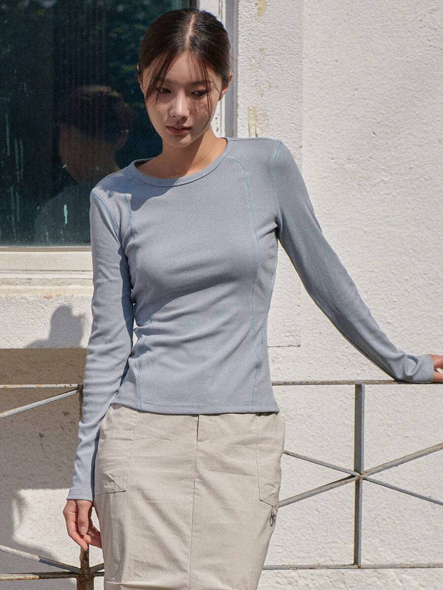 DAZY Áo thun dệt kim gân trơn tay dài cho nữ - Màu xanh nhạt - Xem 1