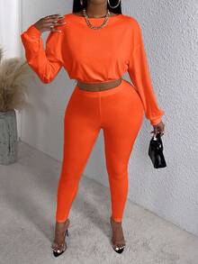 Slaydiva 落肩袖短款運動衫&緊身打底褲 - 亮橙色 - 查看 3