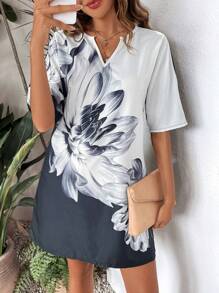 SHEIN Essnce 印花缺口領撞色洋裝 - 黑與白 - 查看 1