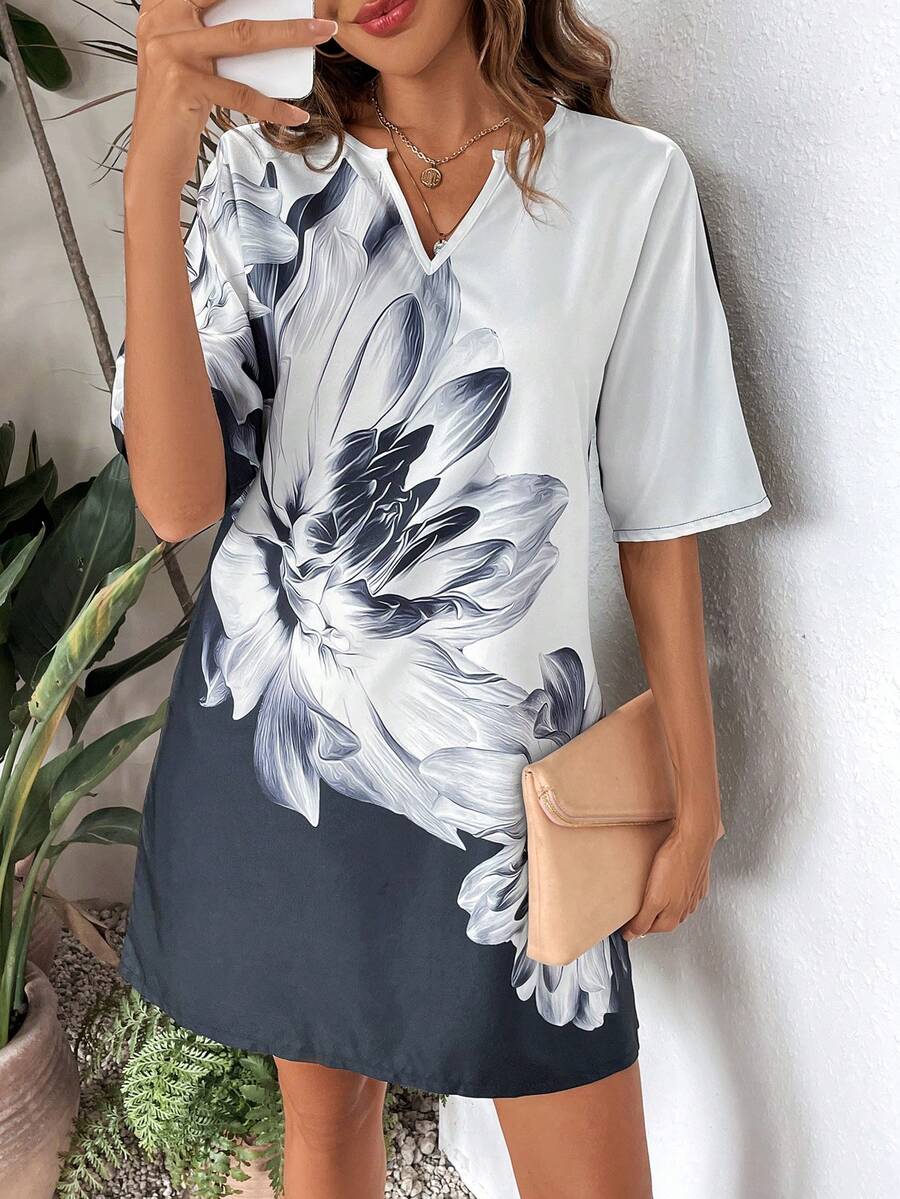 SHEIN Essnce 印花缺口領撞色洋裝 - 黑與白 - 查看 1