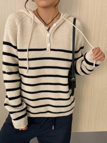 SHEIN EZwear Maglione modelli righe manica raglan con coulisse con cappuccio - Cachi - Visualizzare 3