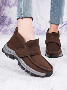 Women's Brown Low-Cut Climbing Shoes Magic Stickers Slip-On Thickened Flat Shoes Fashion Fuzzy Shoes