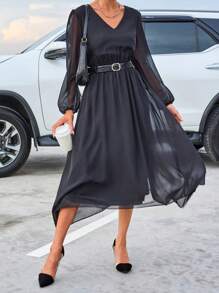 RueChic Contrast Mesh Lantern Sleeve Dress Without Belt - Black - View 6