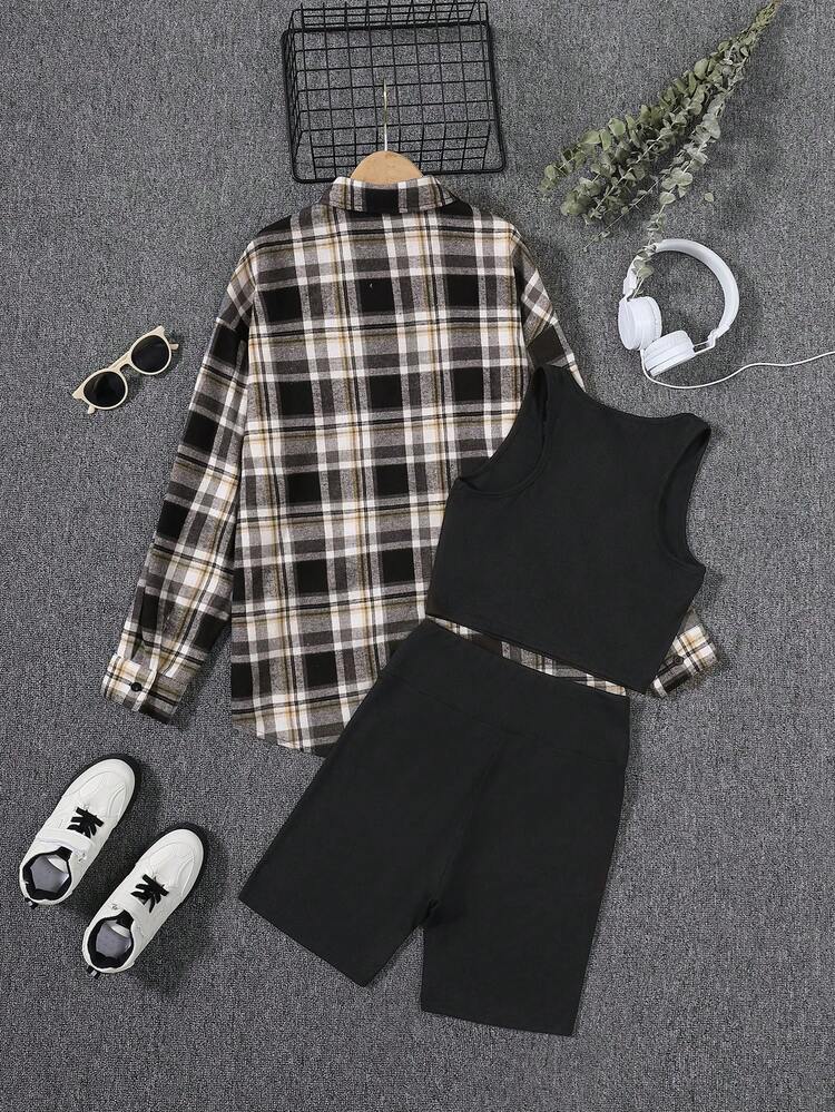 Teen Girl Plaid Print Shirt & Tank Top & Shorts