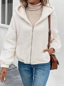SHEIN LUNE Drop Shoulder Hooded Teddy Coat - White - View 4