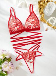 SHEIN Set de lencería con bordado floral de malla - Burdeos - Ver 1