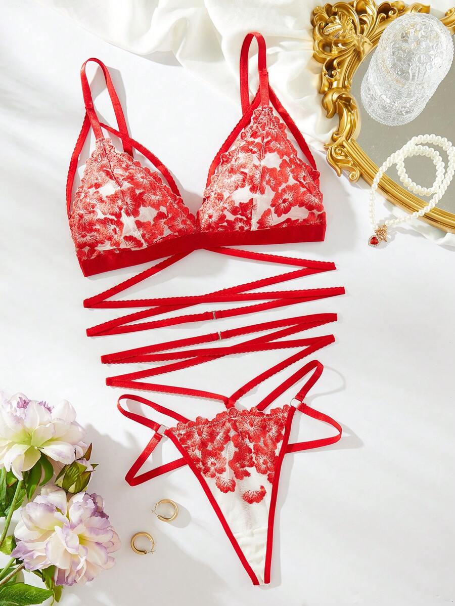 SHEIN Set de lencería con bordado floral de malla - Burdeos - Ver 1